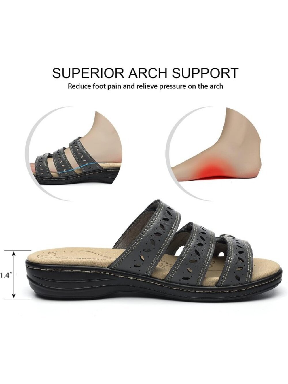 Women's Comfort Leather Slides Flat Sandals Grey Slip On Casual Walking Slippers - Picture 5 of 6